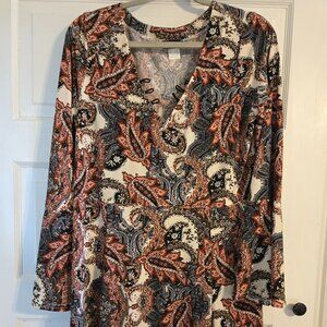 VENUS Boho Paisley Lace-Up V-Neck Long Sleeve Mini Dress - Medium